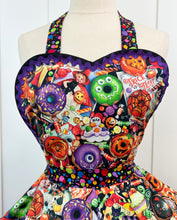 Load image into Gallery viewer, Monster Treats Halloween Apron, PinUp Apron- Halloween Party Retro Apron for Women by SassyFras Collection