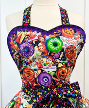 Load image into Gallery viewer, Monster Treats Halloween Apron, PinUp Apron- Halloween Party Retro Apron for Women by SassyFras Collection