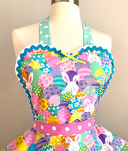 Load image into Gallery viewer, Easter Apron, Glitter Easter Eggs and Bunnies PInUp Apron, Women's Retro Apron