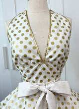 Load image into Gallery viewer, Marilyn Monroe Inspired Gold Dot Pin Up Apron, All That Glitters, Some Like It Hot, Retro Hostess Apron
