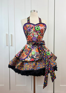 Monster Treats Halloween Apron, PinUp Apron- Halloween Party Retro Apron for Women by SassyFras Collection