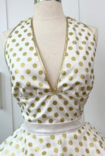 Load image into Gallery viewer, Marilyn Monroe Inspired Gold Dot Pin Up Apron, All That Glitters, Some Like It Hot, Retro Hostess Apron
