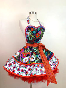 colorful double skirt  retro style apron with large poppy flowers in red, purple, aqua, and yellow.